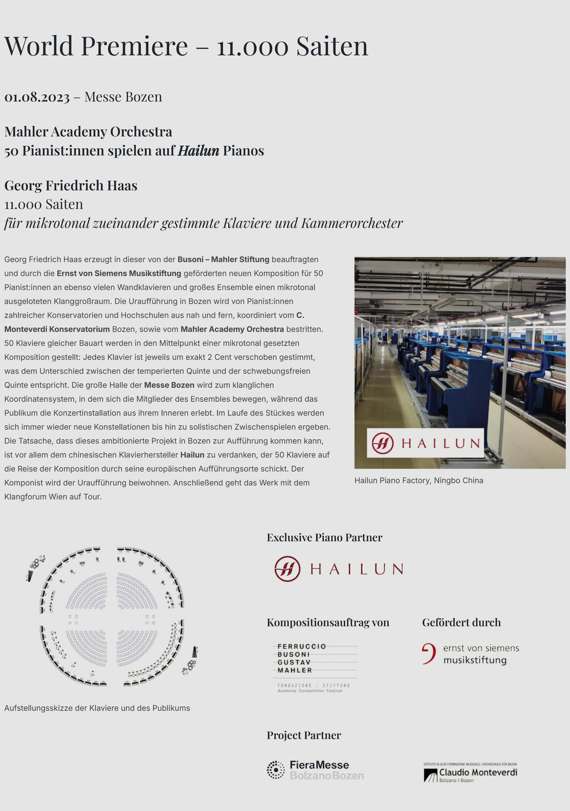 world premiere G. F. Haas: "11.000 Saiten" for 50 microtonally tuned pianos and a chamber orchestra Bolzano Festival Bozen 01 August 2023 Fiera Bolzano Fair, Italy performed with the Mahler Academy Orchestraㅤㅤㅤㅤㅤㅤㅤㅤㅤㅤㅤㅤㅤㅤㅤ